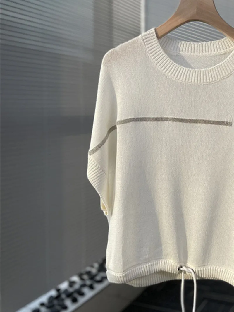 

Women's Sweater Round Neck Bat Short Sleeve Knitted Waist Linen Drawstring T-Shirt Loose Knitwear Vintage