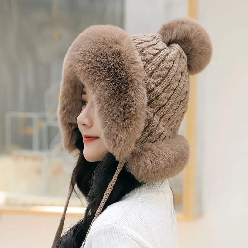 

Winter Cold-proof Warm Hat Wool Cap Winter Russian Hat Women Warm Earmuffs Thicken Ear-flapped Hat Knit Bonnet