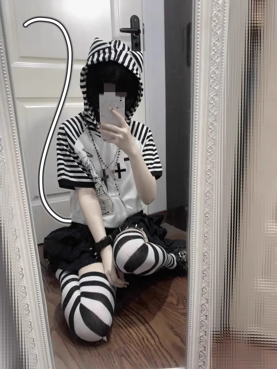 Топы с коротким рукавом и капюшоном в японском стиле летняя маленькая футболка