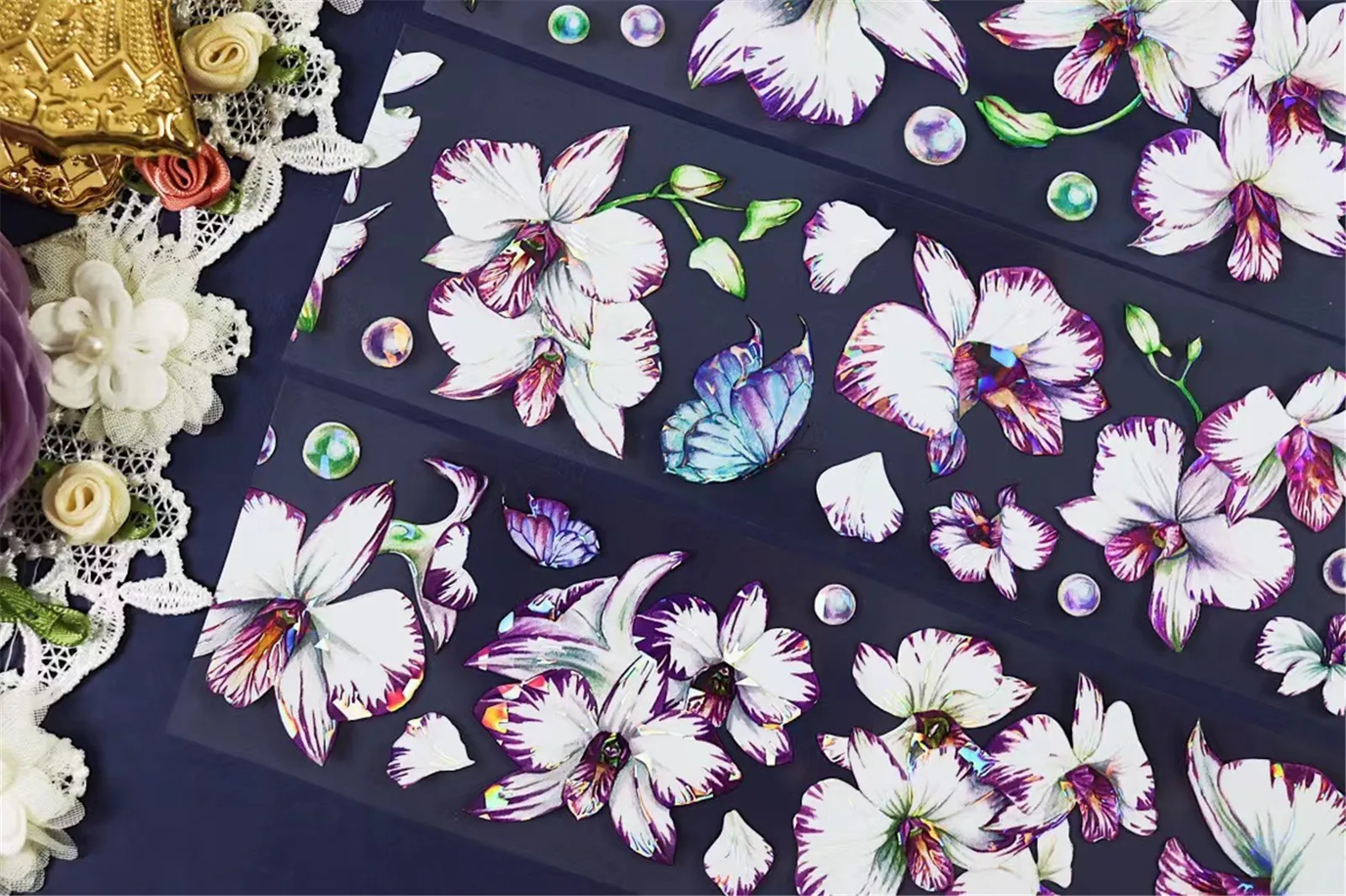 

Vintage White Purple Petal Floral Washi PET Tape for Card Making Decoration DIY Scrapbooking Plan Stickers