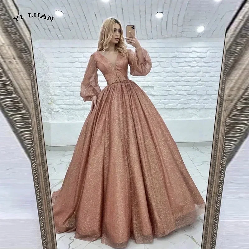 

Glitter Puff Long Sleeves Evening Dresses Sheer Neck Princess Arabic Modest Prom Gowns Robe de mariage Quinceanera Dress