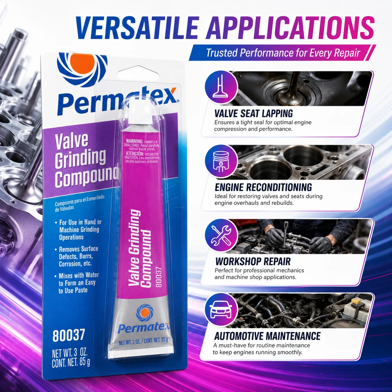 Фото Смазка для притирки клапанов Permatex 80037, 85 г (3 унции), средство для удаления дефектов поверхности при ремонте клапанов малолитражных автомобильных двигателей №3