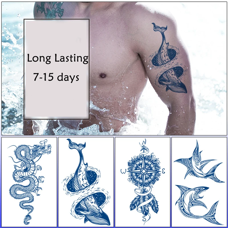 

Herbal Lasting Waterproof Temporary Tattoo Sticker Dolphin Star Letter Totem Flash Tattoo Sexy Girl Body Art Ink Blue Fake Tatoo