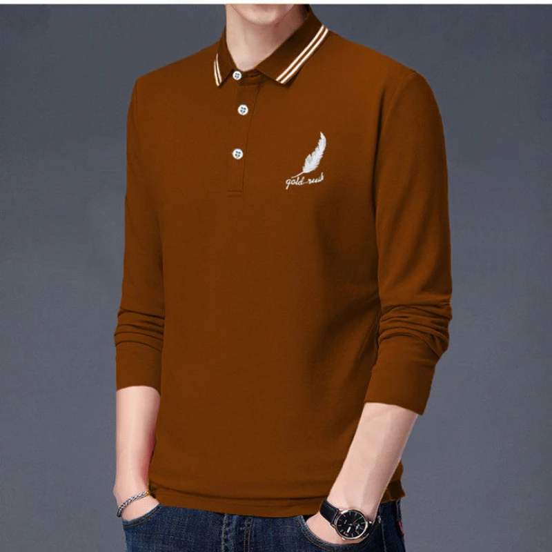 

Men's Long-sleeved T-shirt POLO Shirt Spring Loose Large Size Youth Trend Business Casual Plain Color Printed Stitching Button