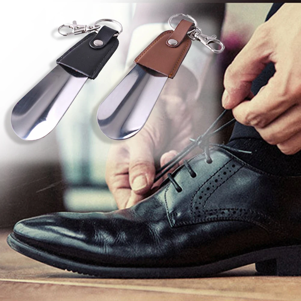 1 Pc Portable Folding Shoehorn Metal Durable With Stainless Steel Faux Leather Portable Fashion New Shoe Horns With Key Ring