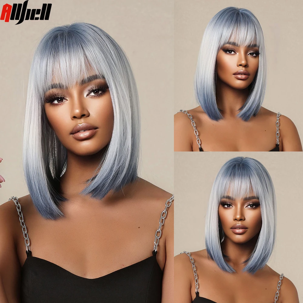 

Синтетический короткий прямой парик для женщин светлый синий Омбре Боб ежедневный натуральный парик с челкой термостойкий косплей искусственные волосы