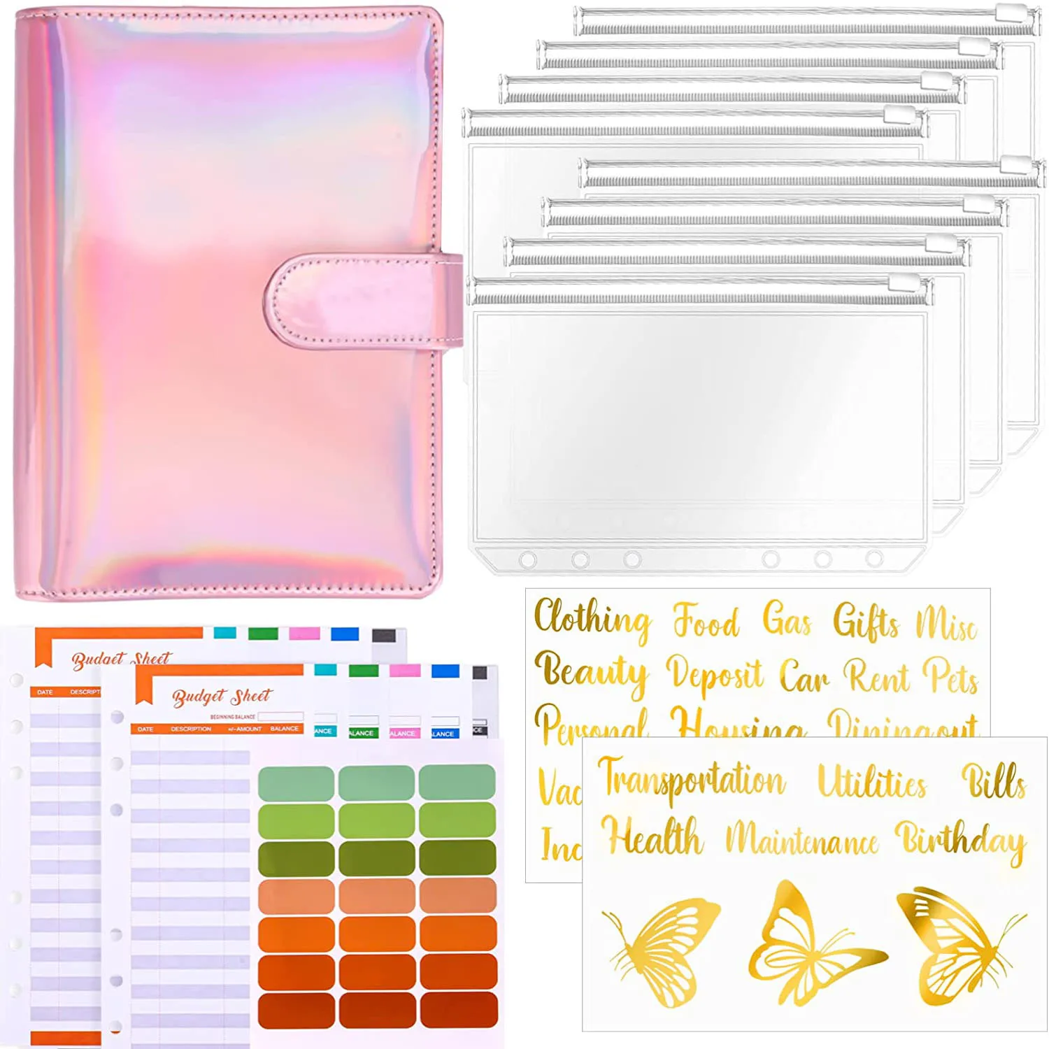

A6 PU Leather Binder Cover, 8PCS A6 Binder Pockets, 12PCS Expense Budget Sheets, Sticker Labels, Money Saving Envelopes System