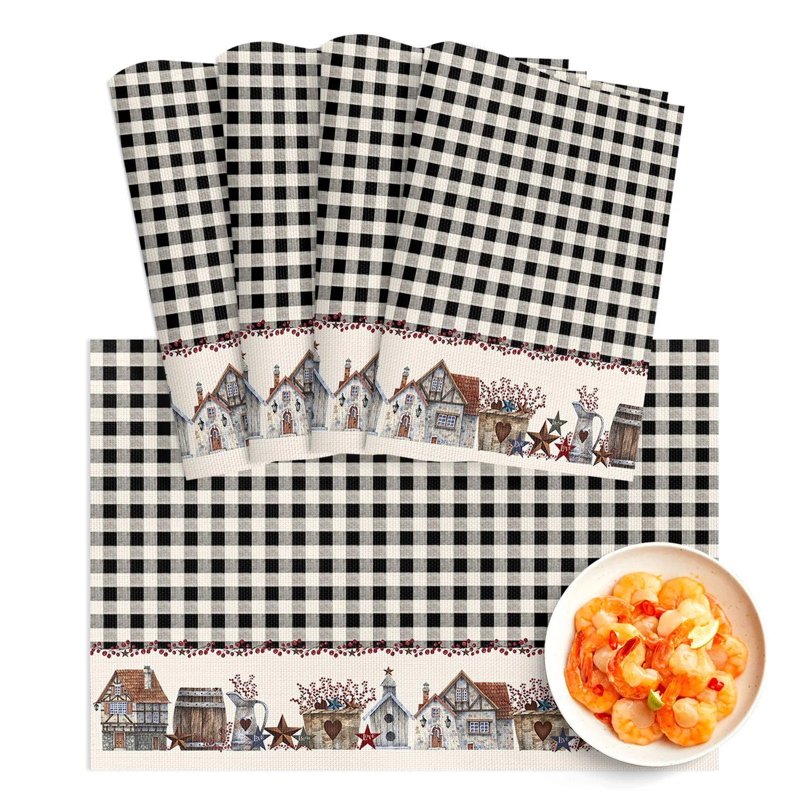 

4/6pcs Placemat Country Star Berry Retro Black Plaid Restaurant Kitchen Accessories PVC Dining Table Mats Disc Bowl Coaster Pad