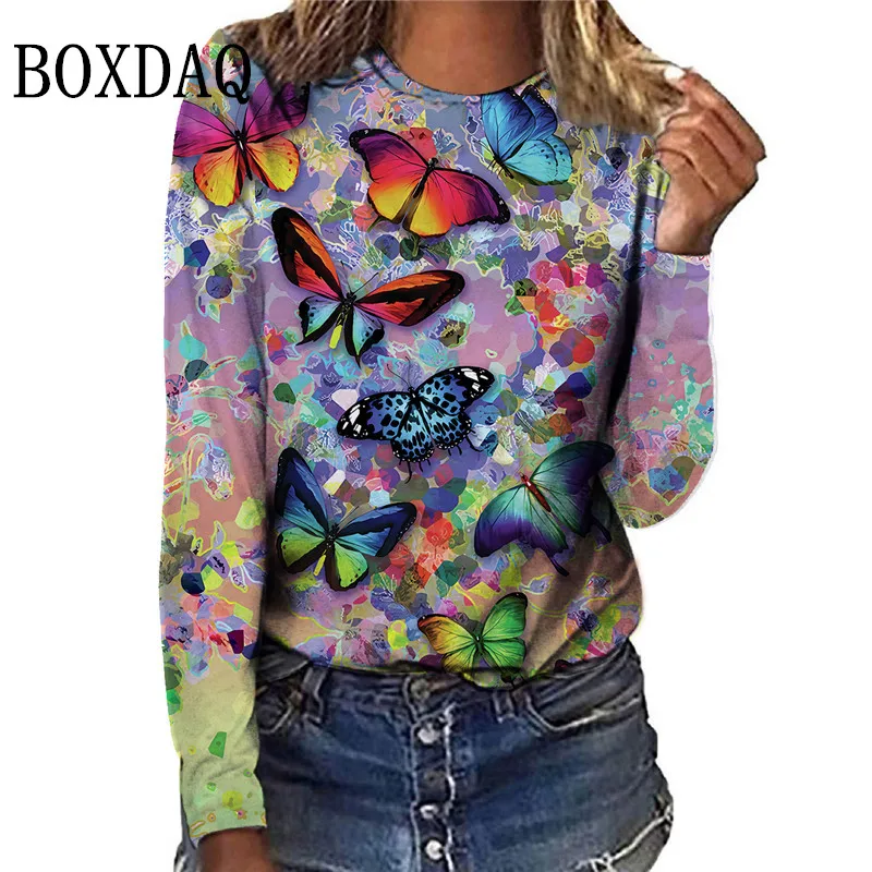 

Tie Dye Colorful Butterfly Print T Shirt For Women 2022 New Autumn Long Sleeve Cotton T Shirts Fashion Female Oversized Tops Tee