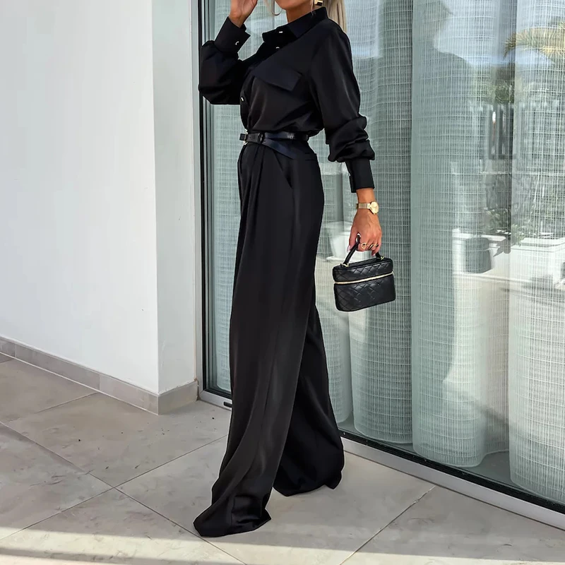 Элегантный женский комплект из двух предметов рубашка на пуговицах с отложным