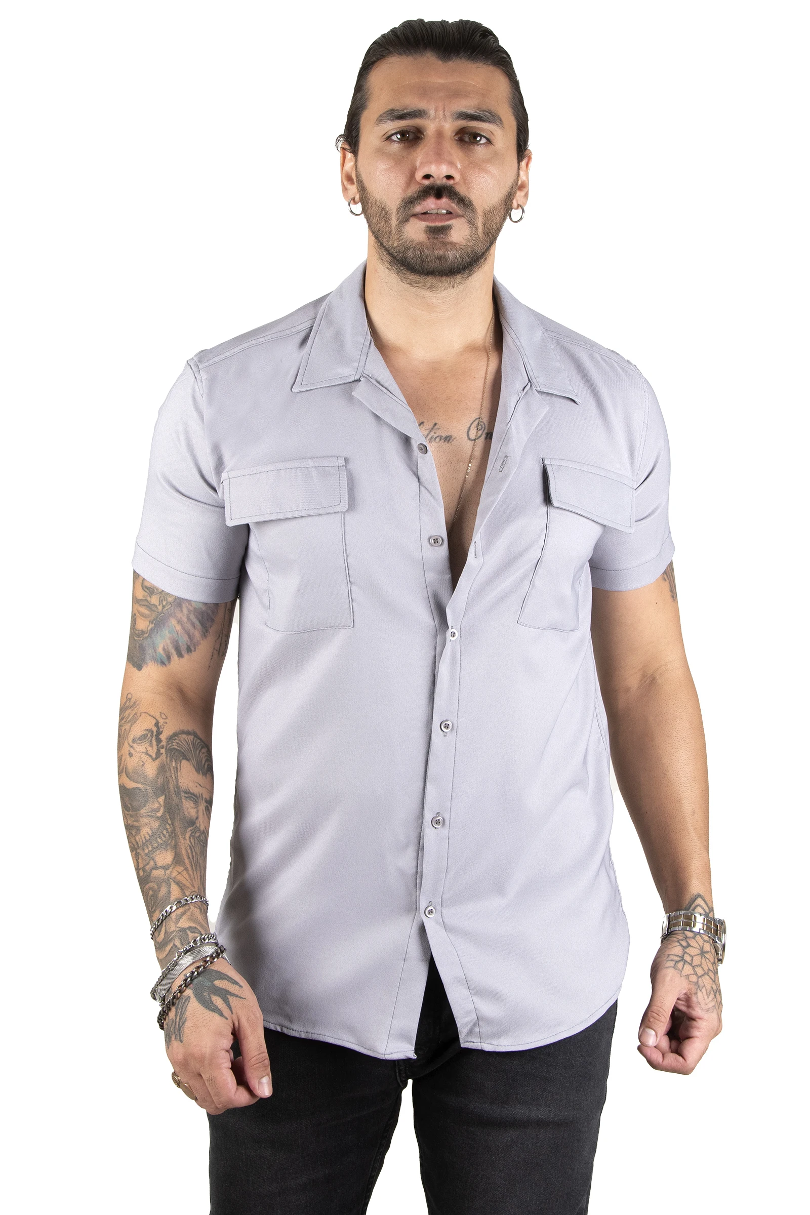 DeepSEA Narrow Cut Lycra Double Flap Pockets Short Sleeve Male Shirt 2201922