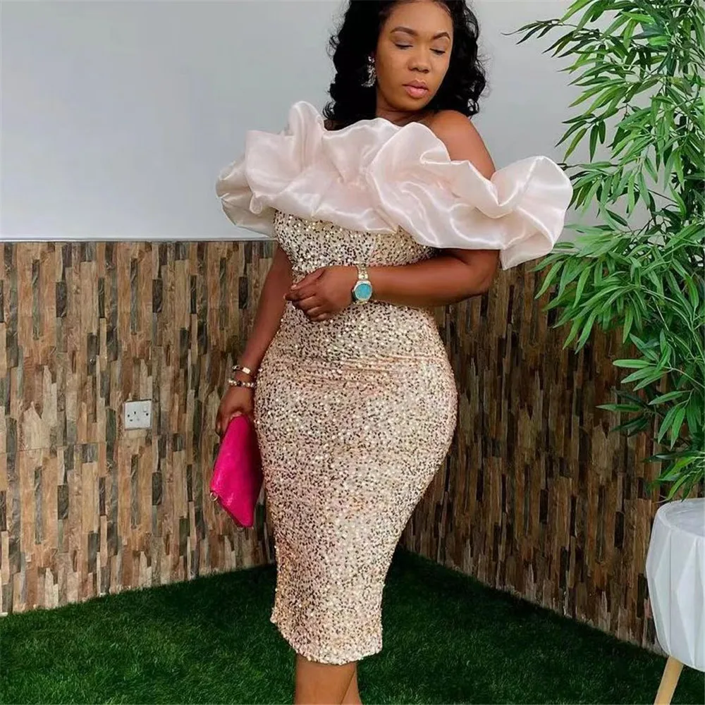 

Women's Dress Off-the-shoulder Stretch Sequin Wrapped Hip Dress Bridesmaid Party Dress Africa Spring New Fashion Female Dresses