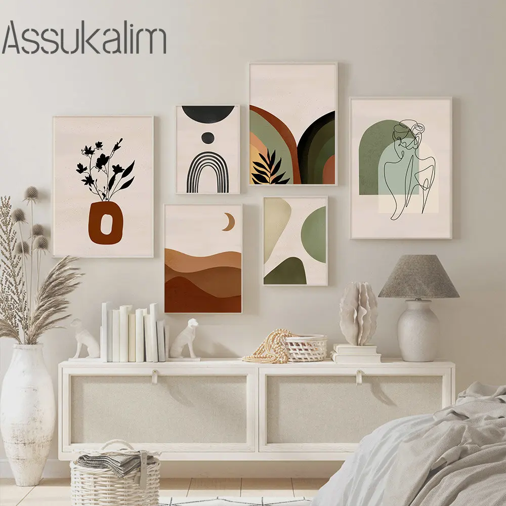 

Boho Wall Poster Abstract Lines Canvas Painting Figure Painting Poster Moon Leaf Print Pictures Nordic Posters Living Room Decor