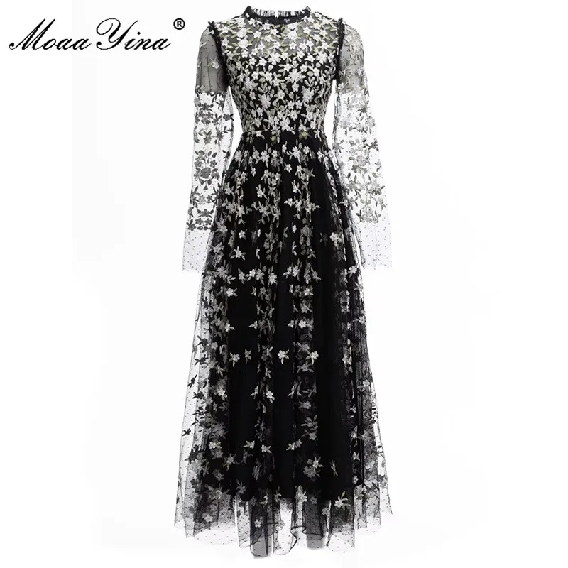 

MoaaYina, модное подиумное платье, осенне-зимнее женское платье с круглым вырезом, длинным рукавом, цветочной вышивкой, сетчатые черные винтажные вечерние платья