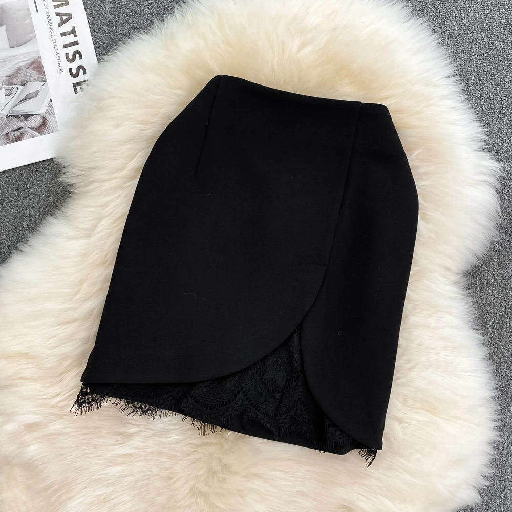 

Women Black Skirt Temperament High Waist Lace Splice Split Body-con Solid Color Simple Female Mini Skirt Office Ladies Clothes