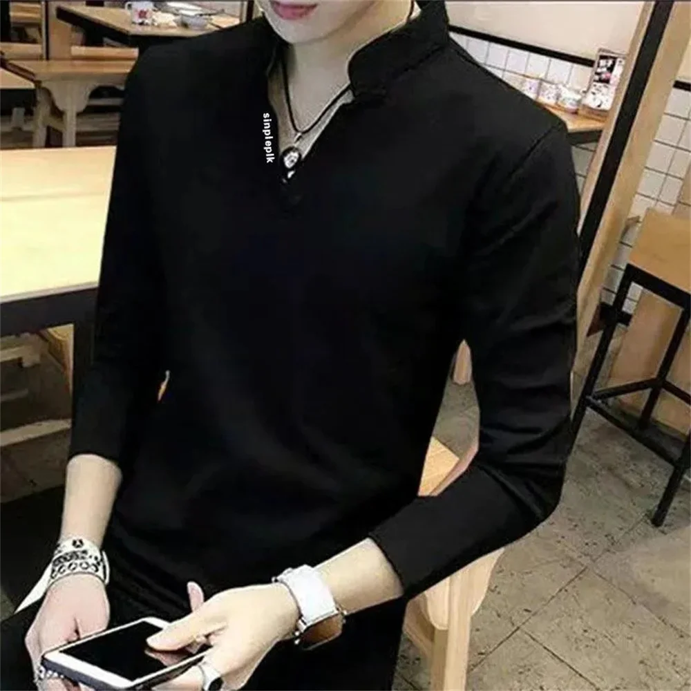 

Japan Korean Fashion 2023 Spring Autumn Solid Color Men's T-shirt Long Sleeve Men's POLO Shirt Clothes Men's Top Tee shirt