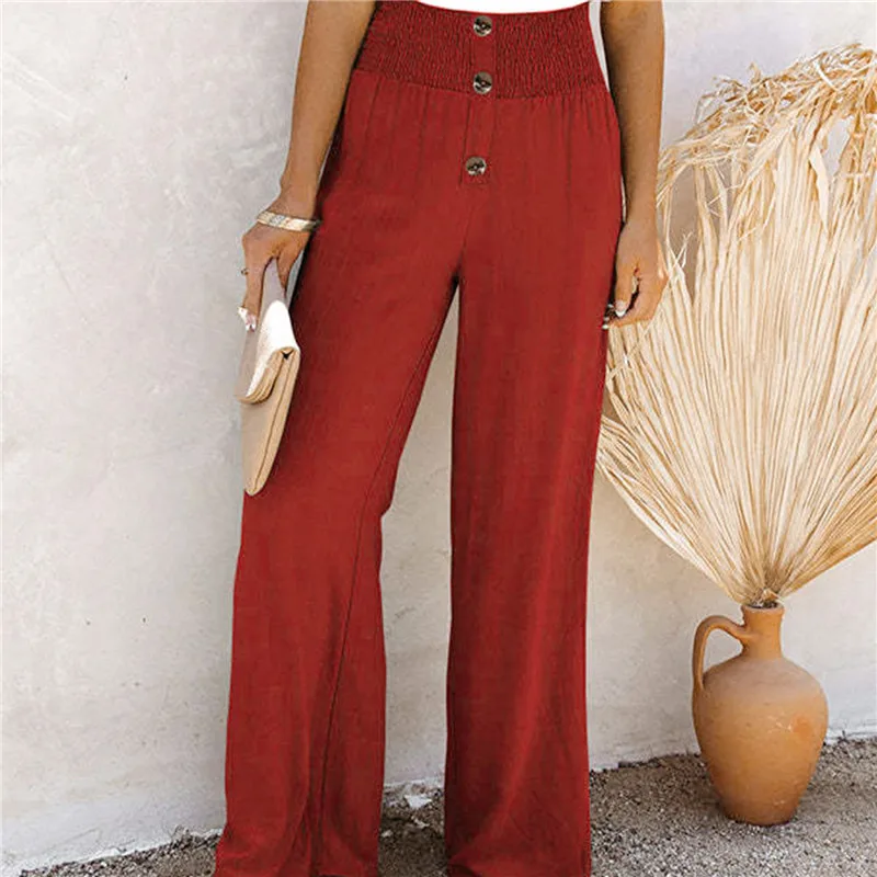 

Summer Solid Color Ruffle Buttoned Pants Women Casual Harajuku Trousers Female Elegant Wide Leg Straight Pant