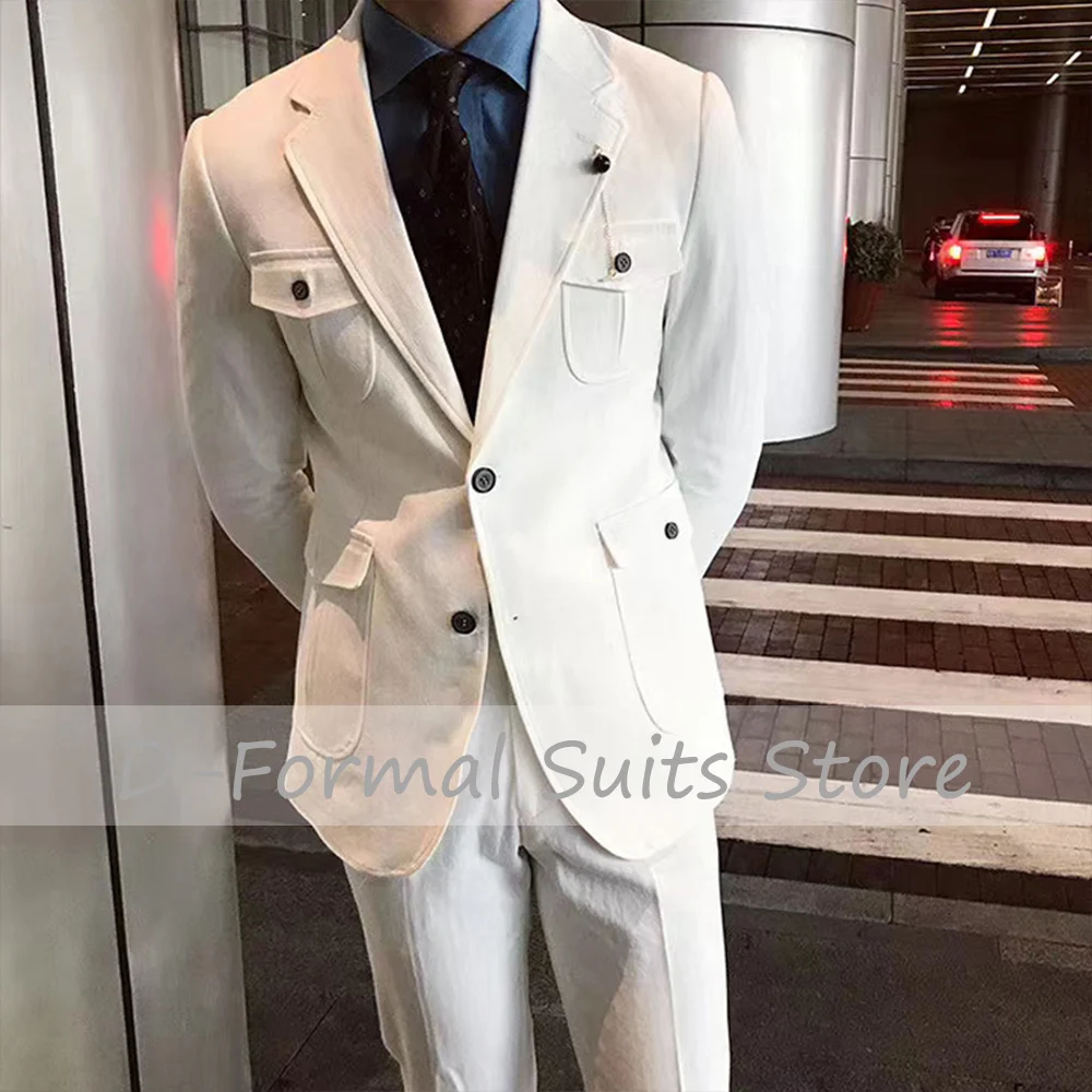 2022 New Men 2 Pieces  White Tooling Suits Wedding Groom Tuxedo Notched Lapel England Style Costume Homme Man Blazer Set