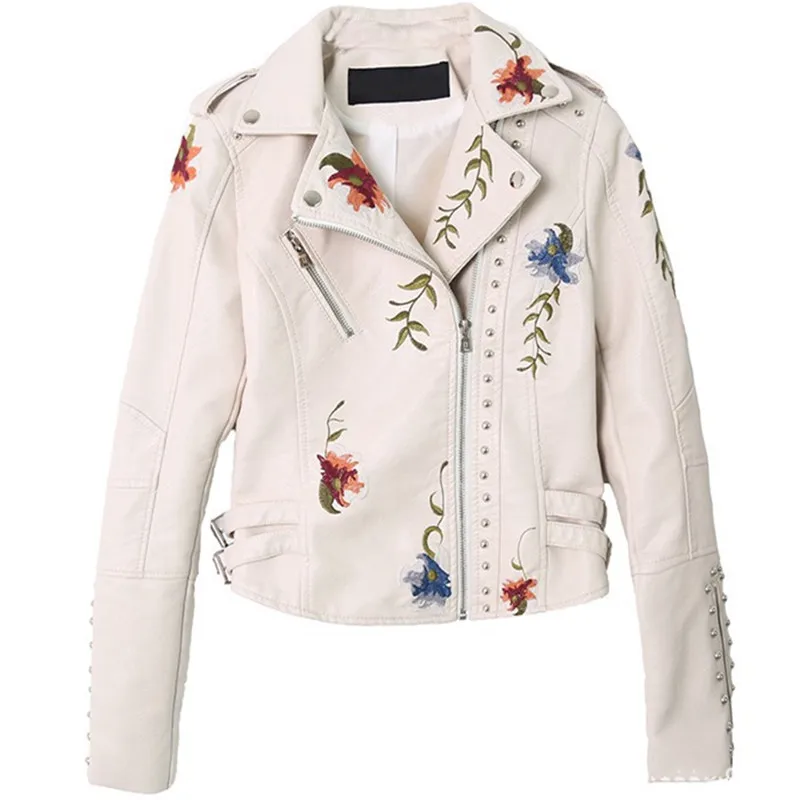 Floral Embroidered Rivet PU Leather Jackets for Women's Faux Soft Leather Motorcycle Coat Black Punk Zipper Outwear Vintage Tops
