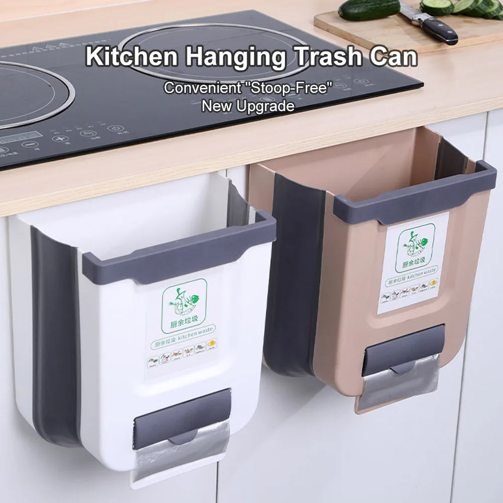 

Kitchen Folding Trash Can Storage Household Cupboard Door Garbage Bin with Trash Bag Dispenser Drill Free for Countertop Sink