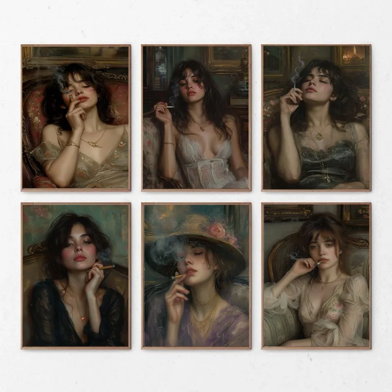 Винтажная Женская Картина на холсте с рисунком птиц и сигарет