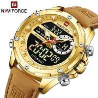 new naviforce military sport mens watches gold dual display waterproof wristwatches genuine leather male clock relogio masculino