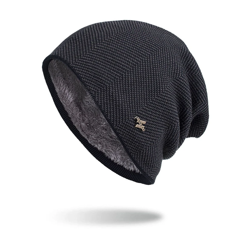 

Winter Man Knitted Beanie Hat Casual Plush Warm Hedging Cap Fashion Windproof H Sign Solid Color Male Wool Cap