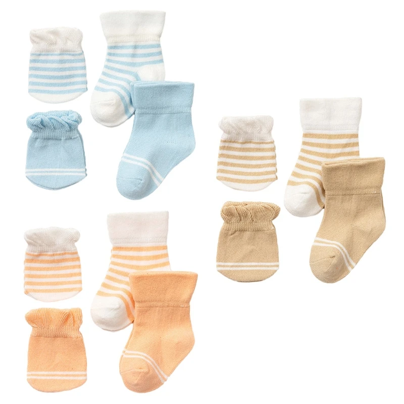 

4 Pairs/Set Baby Gloves Socks Bundle 0-3 Months Anti Scratch Soft Mittens Newborn Set Elastic Stockings for Baby Gift