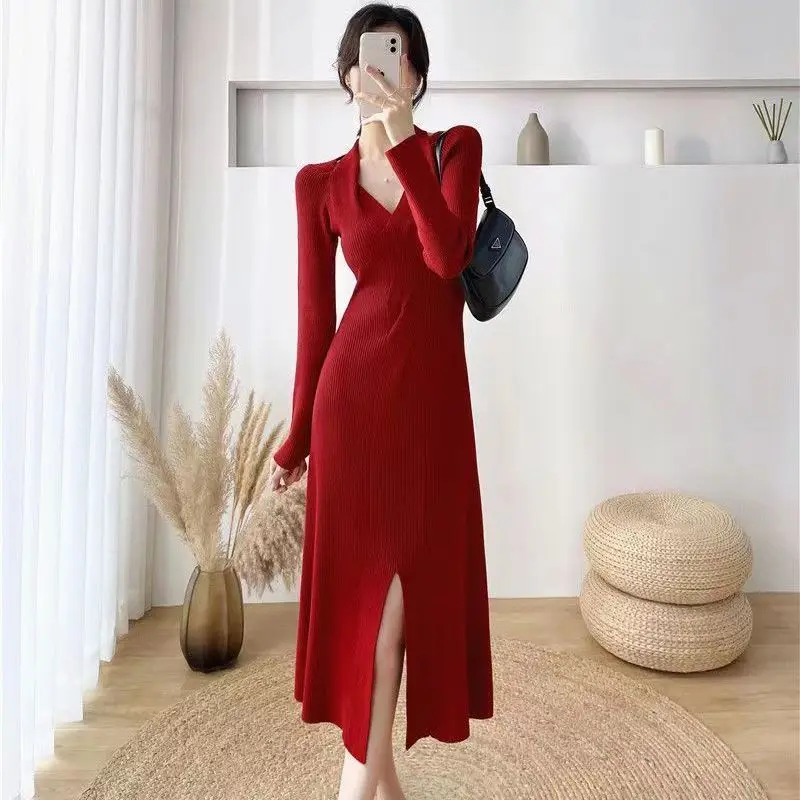 

Woman Solid V-neck Knitted Long Sleeve Sweaters Dress Sexy Slim Office Ladies Long Dress 2023 Autumn Street Fashion Pullover R19