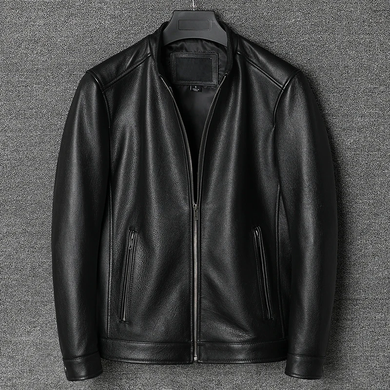 

Мужская мотоциклетная кожаная куртка, Мужское пальто из натуральной воловьей кожи, черная приталенная Байкерская верхняя одежда для езды н...