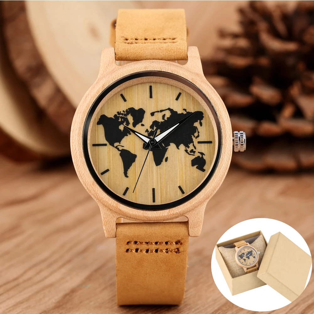 

Couple Watches Carving World Map Wooden Watch Men Fashion Bamboo Wood Quartz Watches Handmade Wristwatch Genuine Leather Band