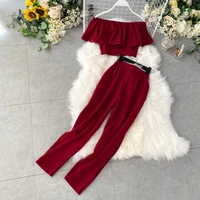 summer womens suits sexy short ruffled one shoulder crop top femme high waist ankle length pants 2 piece set female outfit