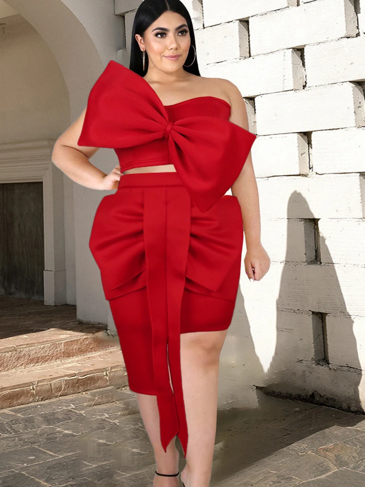 Vermelho conjuntos de tamanhos grandes topos do tubo com saias de cintura alta sexy elegante colheita superior irrgular saia duas peças conjunto para senhoras roupa de verão