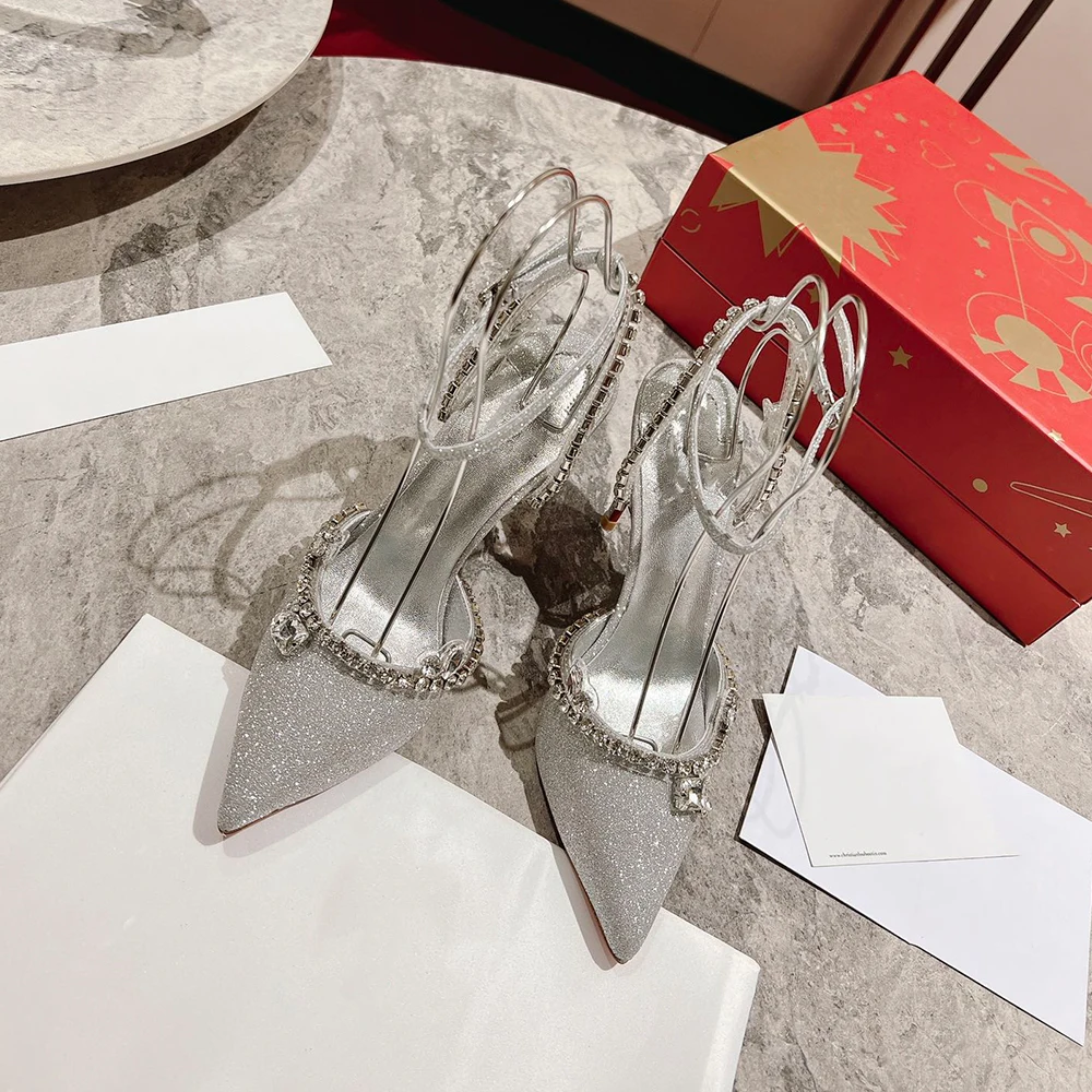 New Luxury Crystal Sandals High Heels Rhinestone Pointed Toe Designer Red Bottom 10cm Stiletto Thin Heel Wedding Party Dress