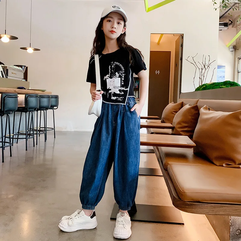 

2022 new summer girls net red suit fashion thin jeans short sleeve two-piece suit
