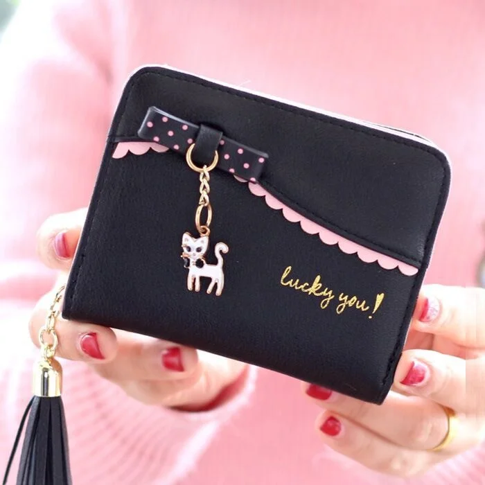 

Женский короткий кошелек, новый милый складной кошелек на молнии с подвеской в виде кошки