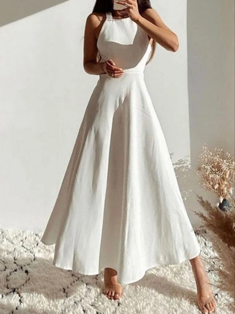 

New Summer Women Sleeveless Halter Sexy Backless Criss-cross Dress Women Waist Solid Evening A-Line Dress Elegant Long Dresses