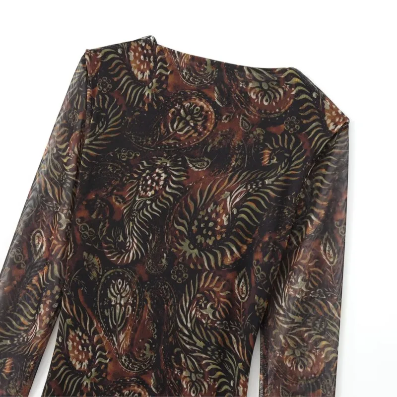 TRAF Осеннее женское длинное платье из шелковой сетки с принтом для модного платья