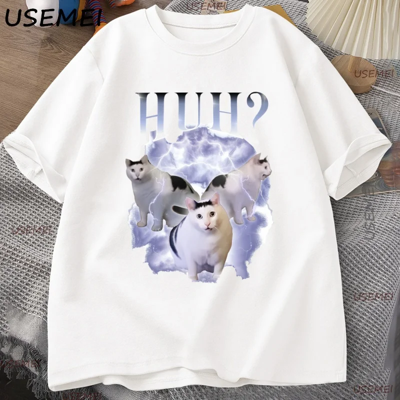 Фото Huh Cat Chonky Ben Meme Cat Футболка Мужская рэп 90-х Винтажные графические футболки Harajuku Хлопок с короткими рукавами Мужская одежда Уличная одежда №1