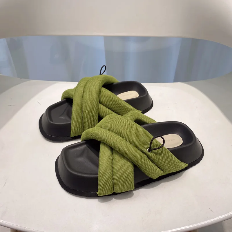 

Тапки женские пляжные с толстой подошвой, тканевые шлепанцы с квадратным носком, с губчатым рисунком, с круглым носком, плоская подошва