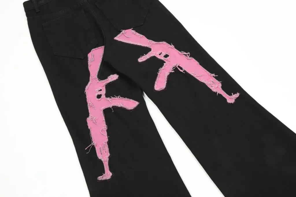 Streetwear Y2k Guns Patch Embroidered Loose Straight Mens Jeans Designer Patchwork Hip Hop Hight Street Casual Denim Pants Baggy