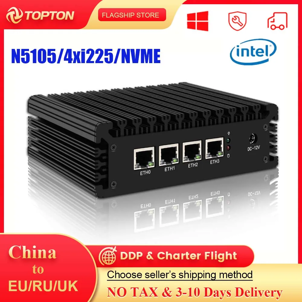 Topton Soft Router Celeron N5105 4 Intel i225 2.5G LAN Mini PC Quad Core  2xDDR4 NVMe Fanless pfSense Firewall Appliance ESXi