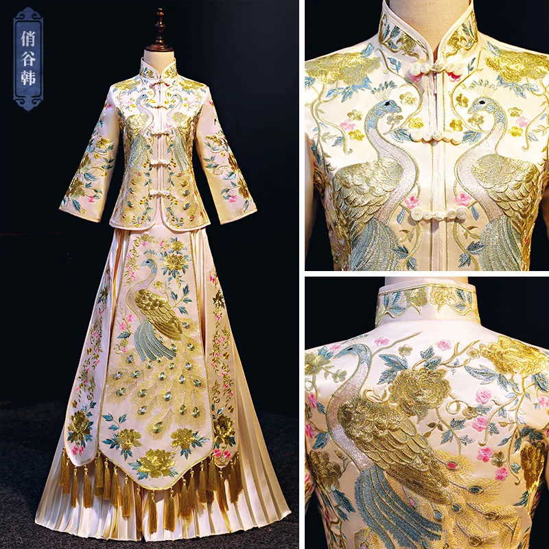 New Chinese Cheongsam Embroidery Wedding Dress for Women Bride Modest Exquisite Phoenix Plus Size Elegant Marriage Qipao Suit