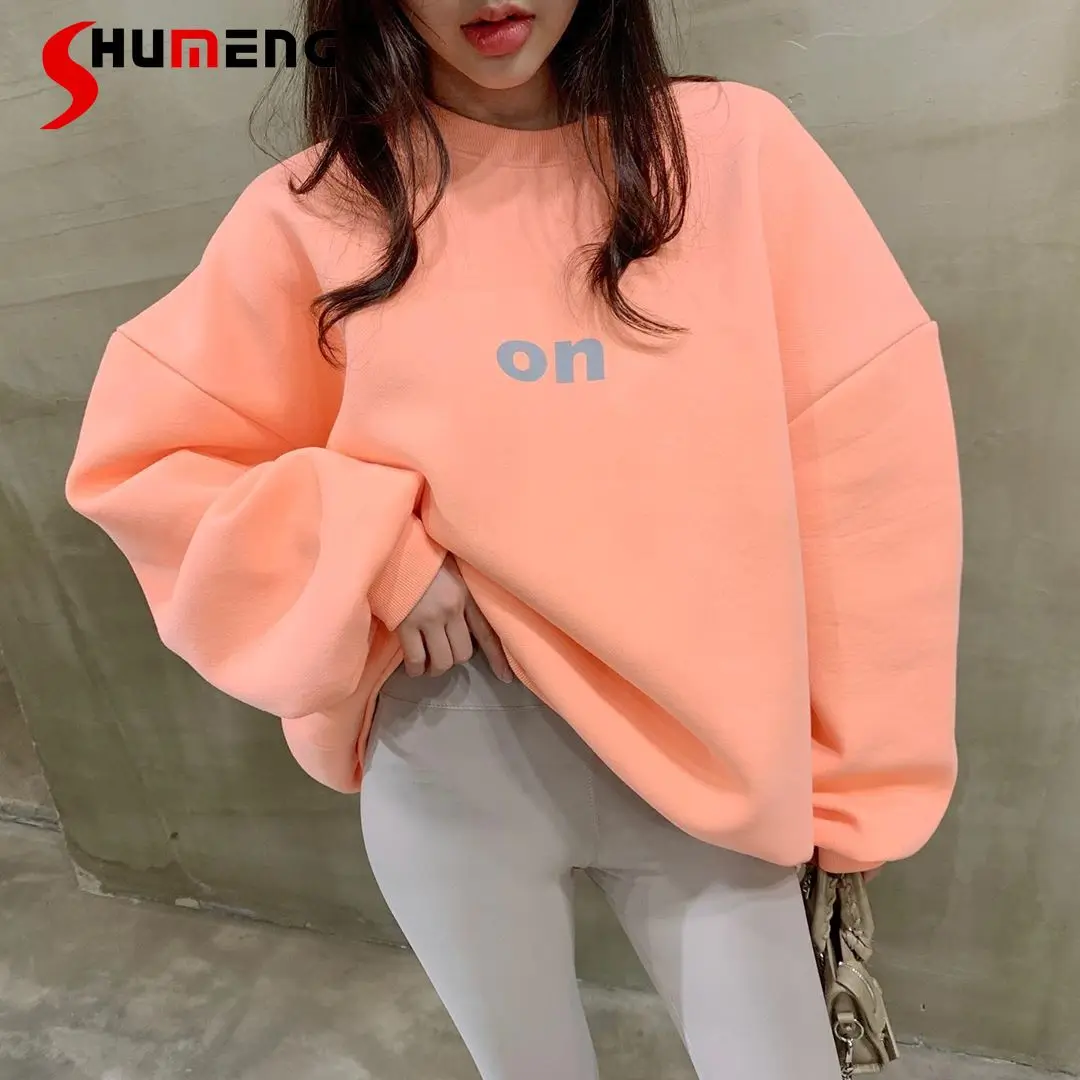 

Brushed Hoody Women Korean-Style Round Neck Loose Idle Sweatshirt Candy-Colored All-Match Letter Printed Drop-Shoulder Pullover