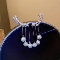 fyuan korean style ear clip crystal earrings for women long tassel pearl dangle earrings weddings party jewelry