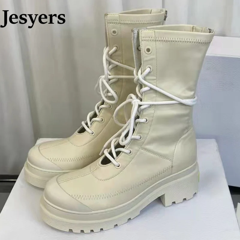

2022 Autumn Winter Women Round Toe Chunky Heel Thick Bottom Short Boots Ladies Genuine Leather Cross-tied Cutouts Mid Calf Boots
