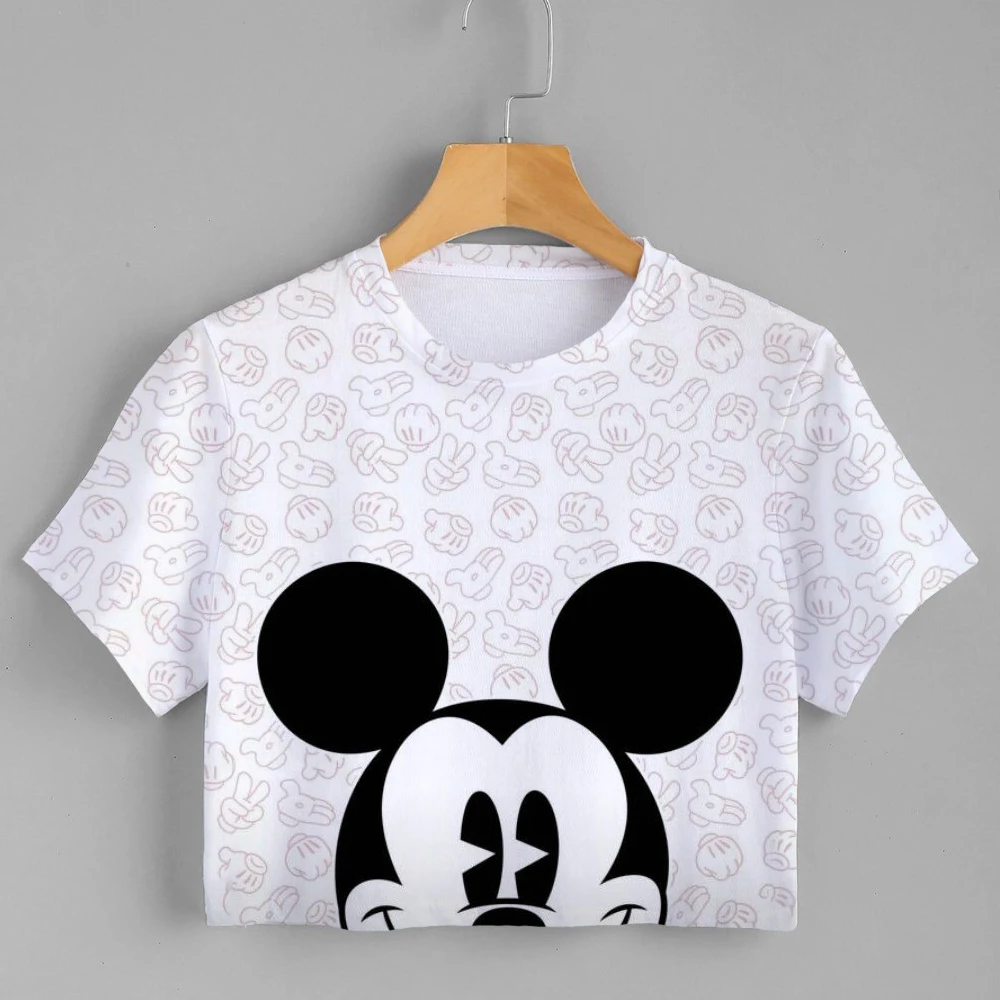 

New Summer Kawaii King Mickey Graphic Cartoon Print Disney O Neck Women's Fashion T Shirt Crop Top Anime Harajuku Streetwear
