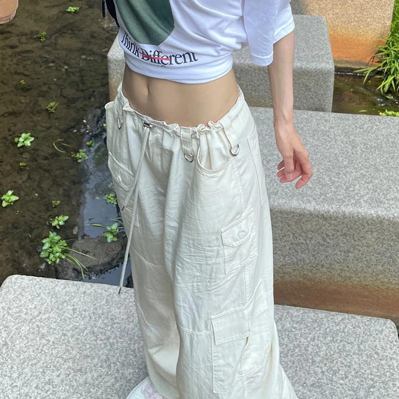 

Harajuku Drawstring Waist Loose Sweatpants Y2K Retro Streetwear Cargo Pants Pockets Korean Fashion Chic Women Vintage Trousers