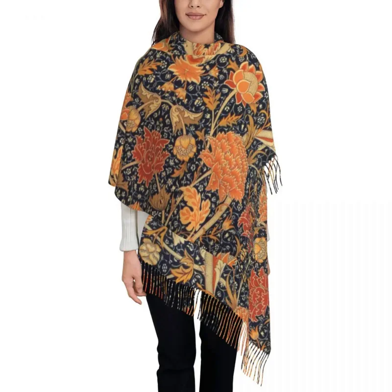 

Luxury William Morris Orange Cray Floral Art Tassel Scarf Women Winter Fall Warm Shawls Wraps Ladies Textile Pattern Scarves