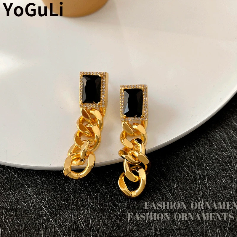 

925 Silver Needle Delicate Jewelry Hip Hop Chain Earrings 2022 New Trend Zircon Vintage Black Glass Drop For Women Gifts